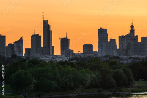 Aerial view of Warsaw during sunset
