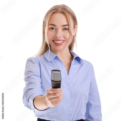 Female journalist with microphone on white background