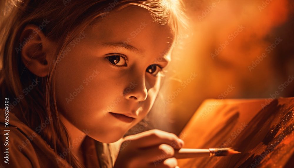 Fototapeta premium Cute Caucasian girl smiling, holding paper, enjoying nature beauty generated by AI