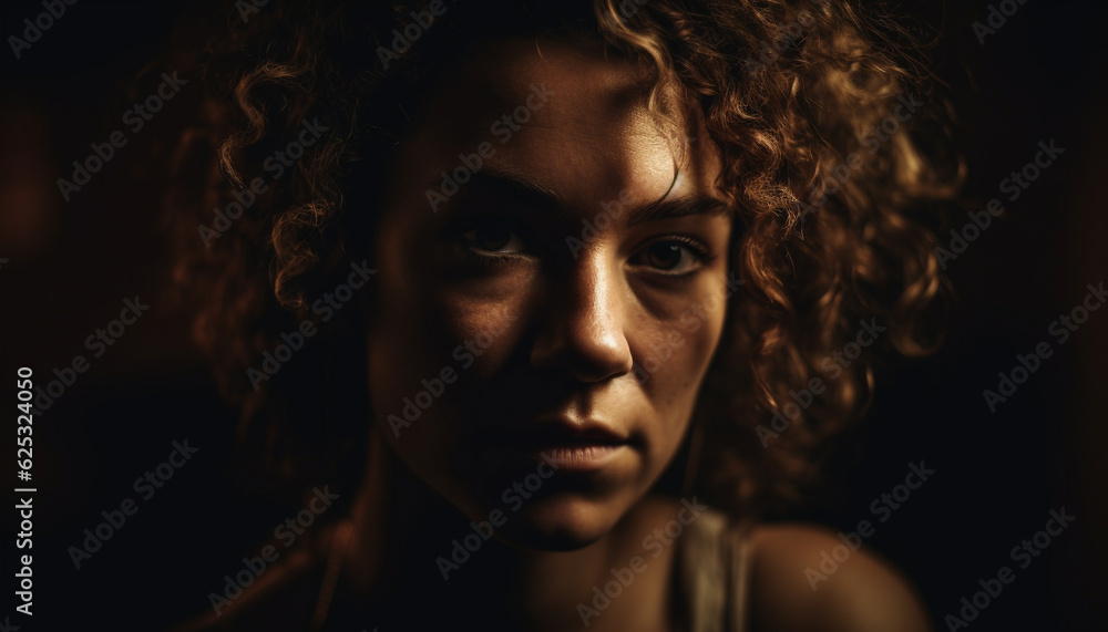 Confident young woman with curly hair in elegant studio portrait generated by AI