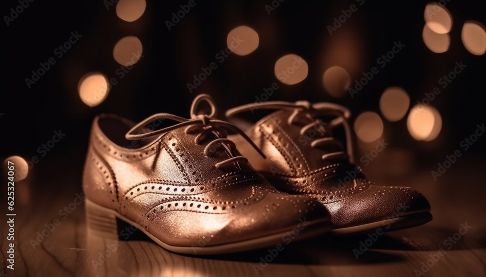 Shiny leather sports shoe on black background with lace fastener generated by AI