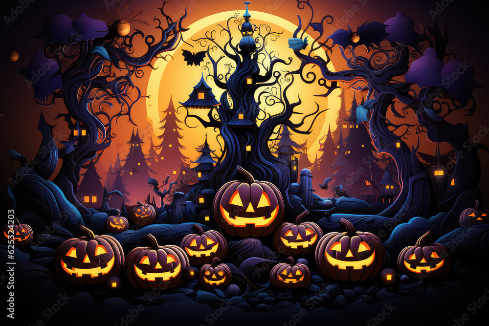 Halloween wallpaper illustration with pumpkins, jack lantern, dark purple colors. Halloween party banner template. Spooky composition for october party, invitation background.