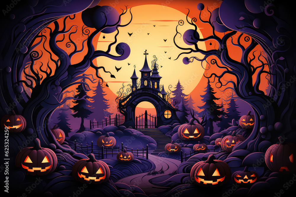 Halloween wallpaper illustration with pumpkins, jack lantern, dark purple colors. Halloween party banner template. Spooky composition for october party, invitation background.