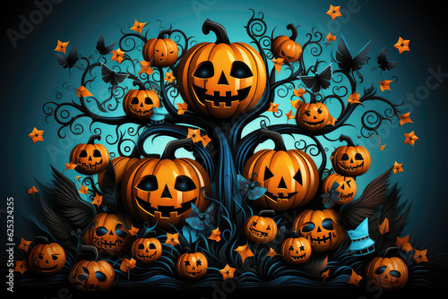 Halloween wallpaper illustration with pumpkins  jack lantern  dark purple colors. Halloween party banner template. Spooky composition for october party  invitation background.