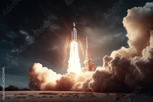 Launch of Space,Spaceship takes off into the night sky.Rocket starts into space concept.Elements of this image furnished by NASA