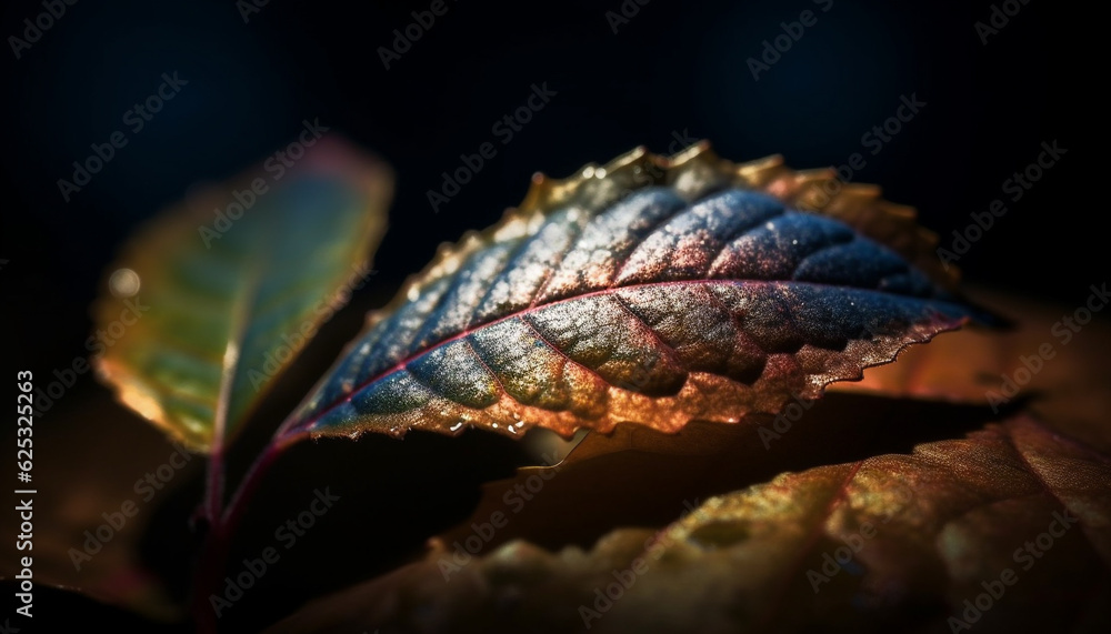 Vibrant autumn leaf with dew drop on organic plant growth generated by AI