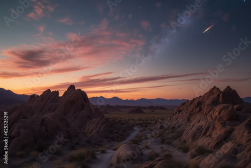 Comet passing over desert badlands, California, USA 