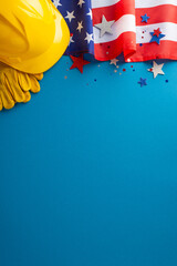Labor Day electrician concept. Vertical top view of USA flag, sparkle stars, electrician's tools, such as work gloves, safety helmet, on blue background with space for electrical services or text