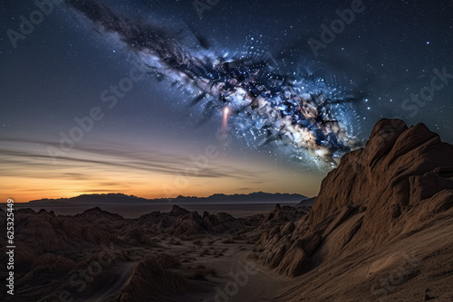 Comet passing over desert badlands  California  USA 