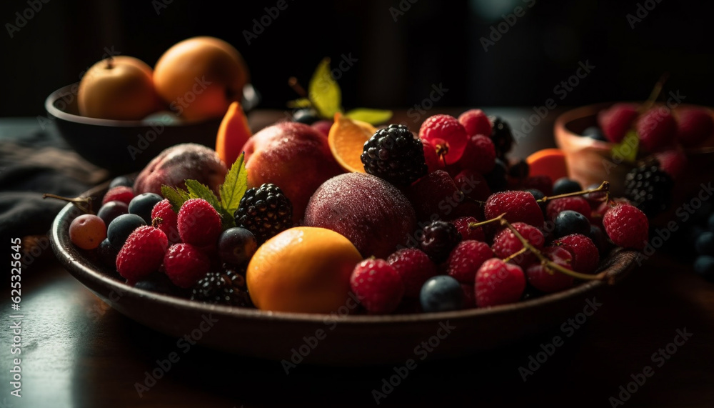 Fresh organic berry fruit bowl on rustic wood table indoors generated by AI Fresh organic berry fruit bowl on rustic wood table indoors generated by AI