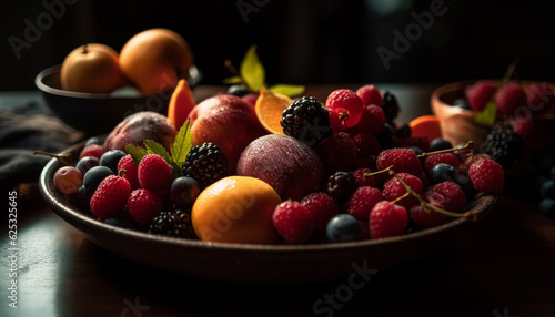 Fresh organic berry fruit bowl on rustic wood table indoors generated by AI