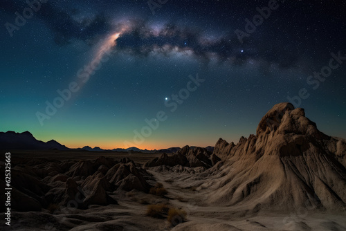 Comet passing over desert badlands, California, USA 