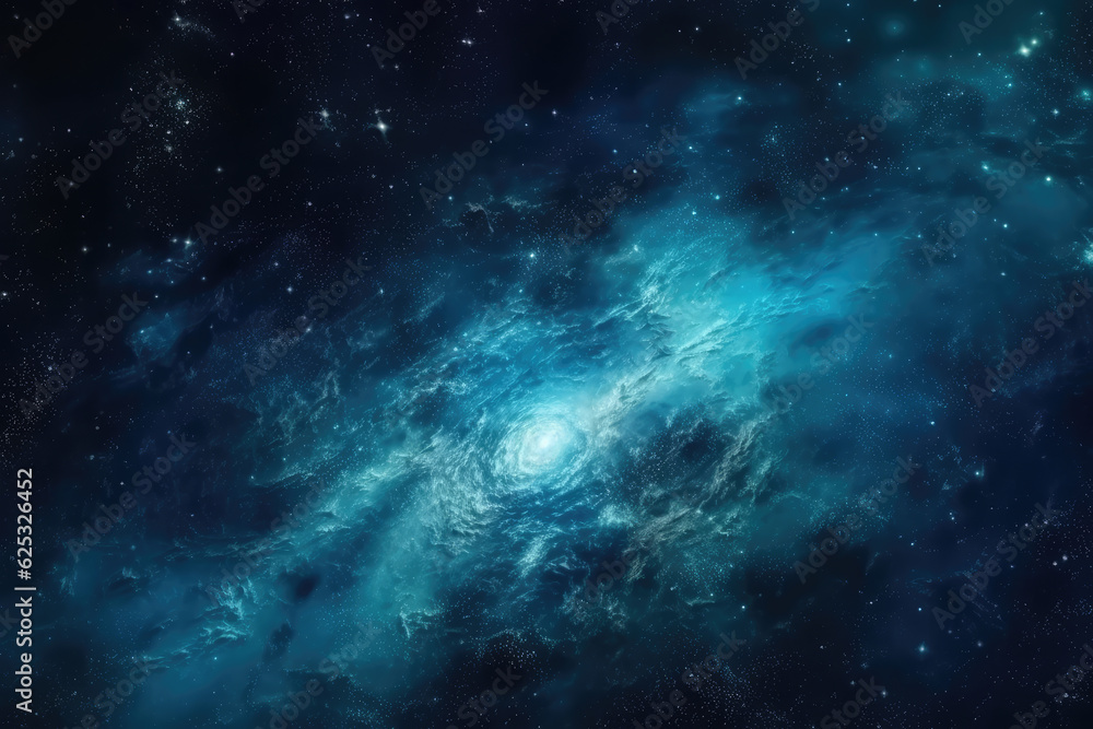 Blue bright galaxy panorama, abstract cosmic space background, artistic