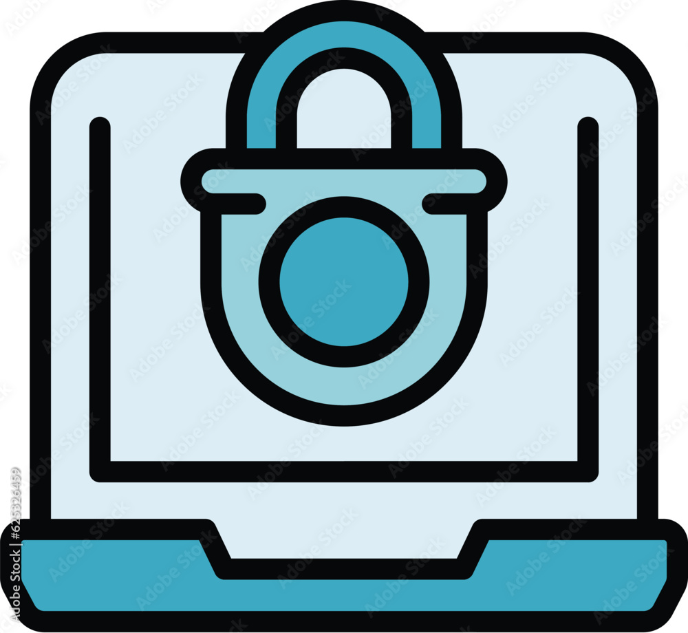 Locked laptop icon outline vector. Cyber money. System identity color flat Locked laptop icon outline vector. Cyber money. System identity color flat