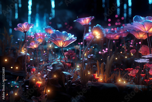 The fairy-tale forest is shrouded in a light glow of luminescent plants and fireflies. High quality illustration © NeuroSky