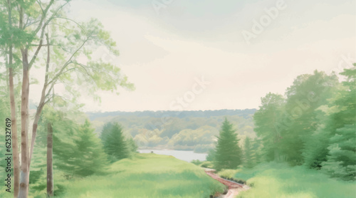 霧に包まれた高原の風景 水彩イラスト Generative AI