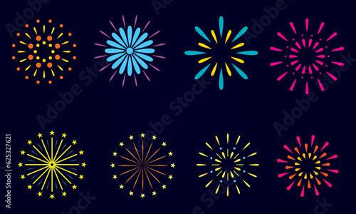 set of Festival firecracker, colorful fireworks explosions, carnival party firework vector illustration.