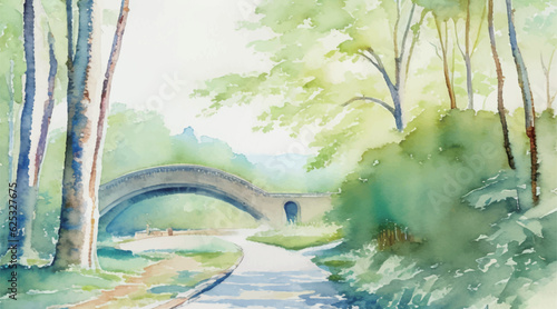 森の中の小さな橋の水彩イラスト Generative AI