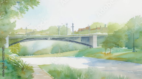 橋のある風景の水彩イラスト Generative AI
