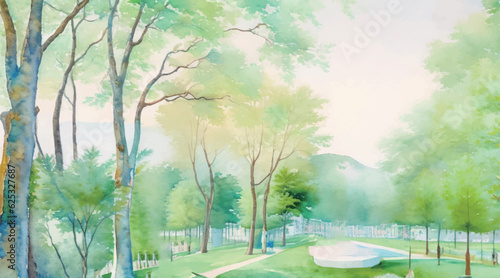 水彩で描いた公園の風景イラスト Generative AI