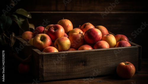 Rustic apple crate on wooden table with fresh organic fruit generated by AI