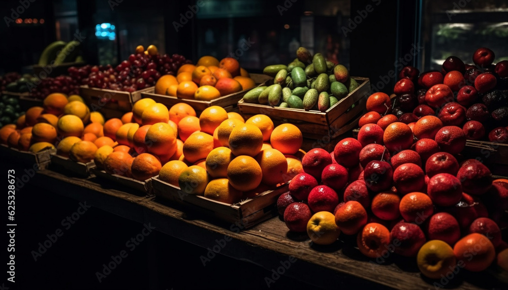 A large group of fresh, ripe, organic fruits and vegetables generated by AI