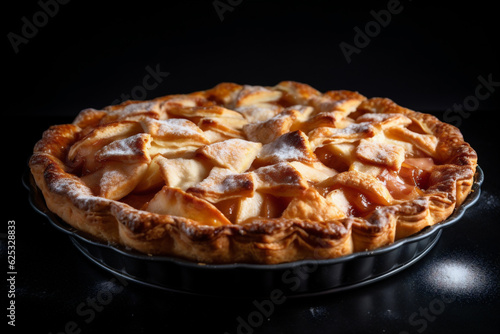 American apple pie with tender cinnamon-spiced apples with powdered sugar on black background