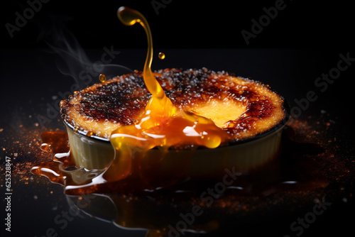 Rhubarb creme brulee and syrup on black background photo
