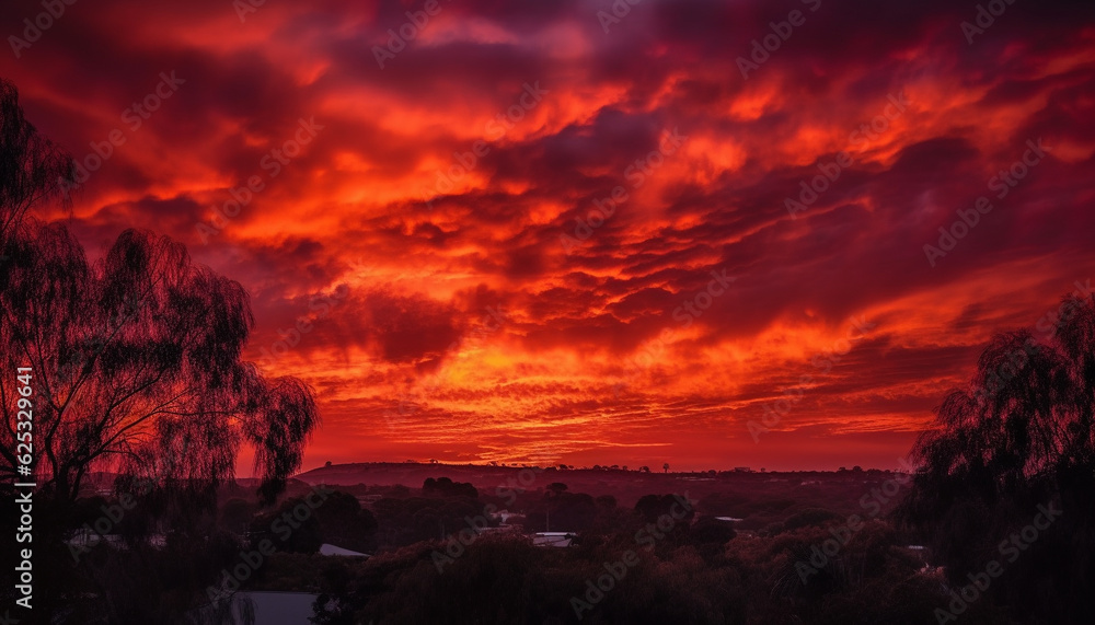 Silhouette of tree against dramatic sky at dusk, tranquil beauty generated by AI Silhouette of tree against dramatic sky at dusk, tranquil beauty generated by AI