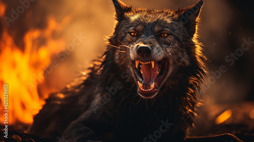 Scary black wolf shows his grin in the light of raging flames. High quality illustration © NeuroSky