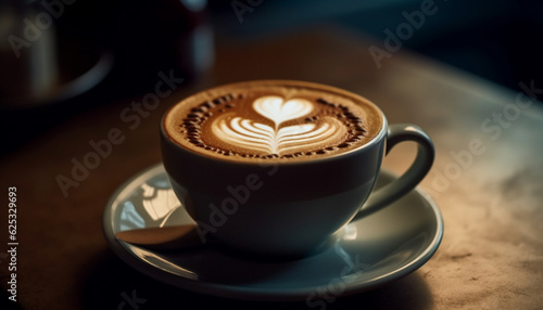 Frothy coffee cup with heart shaped foam on wood table generated by AI