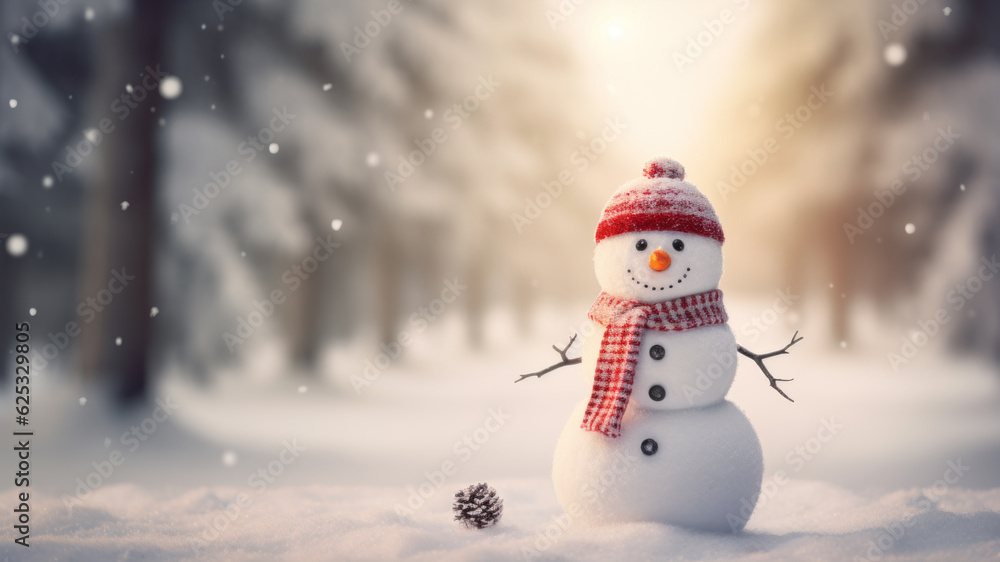 Snowman smiling and standing in snowfall. Winter landscape, bokeh forest background.