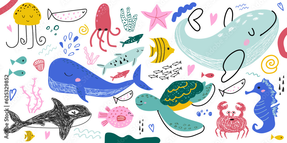 Children's drawing with sea animals. Vector illustration with cute animals, underwater world. Hand drawn in trendy doodle style - animals, plants, symbols.Children's drawing for textiles, posters.