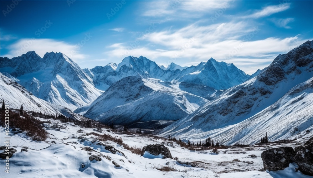 Tranquil mountain landscape, panoramic view of majestic nature beauty generated by AI