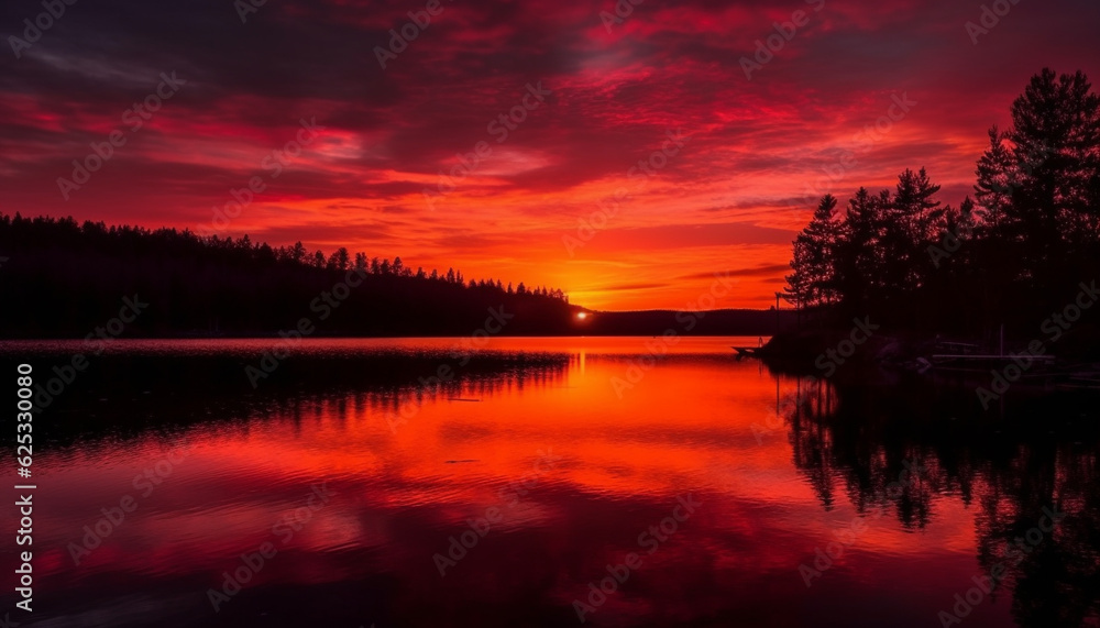 A tranquil scene of nature beauty: sunset over the forest generated by AI