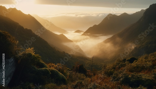 Tranquil sunrise over majestic mountain range, a serene rural scene generated by AI