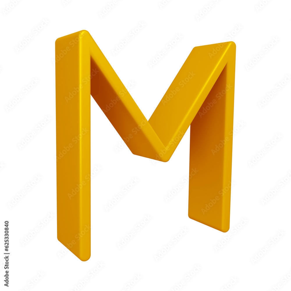 3D golden alphabet letter m for education and text concept 3D golden alphabet letter m for education and text concept