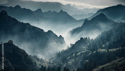 Majestic mountain range, foggy mystery, tranquil nature beauty generated by AI