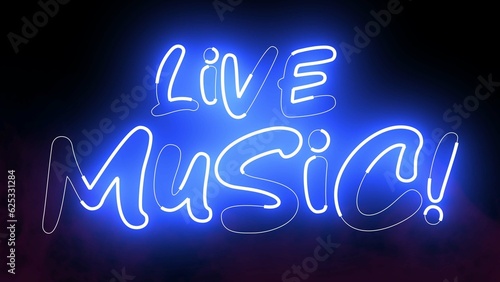 Live Music text font with neon light. Luminous and shimmering haze inside the letters of the text Live Music. 