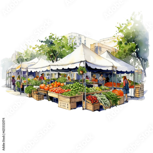 a vibrant farmers market captured in a beautiful watercolor painting photo