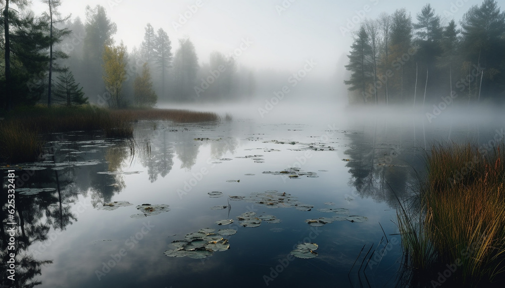 Tranquil scene of autumn forest reflected in serene pond waters generated by AI Tranquil scene of autumn forest reflected in serene pond waters generated by AI