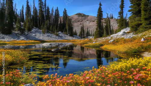 Tranquil scene of majestic mountain range reflected in clear pond generated by AI