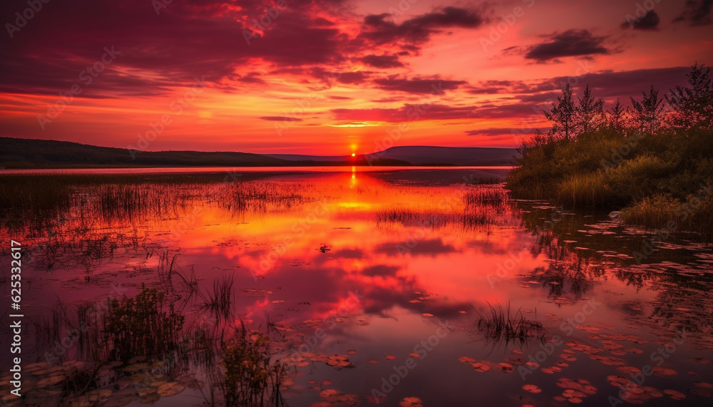 Vibrant sunset over tranquil pond, reflecting beauty in nature generated by AI
