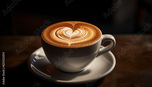 Frothy cappuccino in heart shape on wooden table  perfect for tasting generated by AI