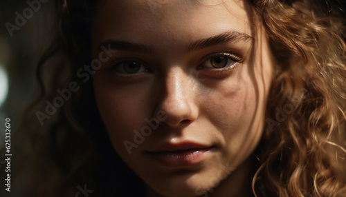 Beautiful young woman with curly brown hair looking confidently at camera generated by AI