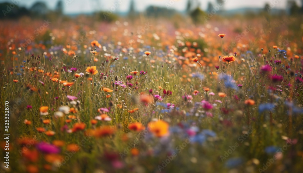 Vibrant wildflowers bloom in tranquil meadow under summer sunset generated by AI