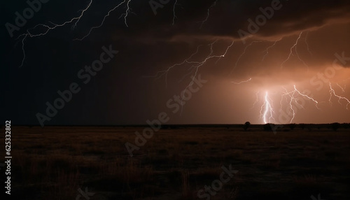 Spooky thunderstorm hits dark landscape, awe inspiring bolt illuminates silhouette generated by AI