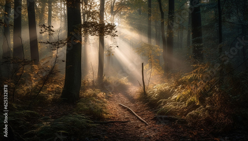 Tranquil forest footpath vanishing into a mysterious autumn wilderness generated by AI