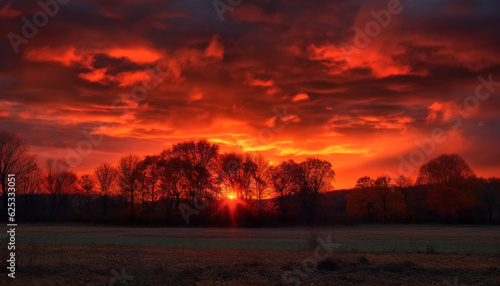 Vibrant sunset silhouettes tree in panoramic rural landscape beauty generated by AI © djvstock