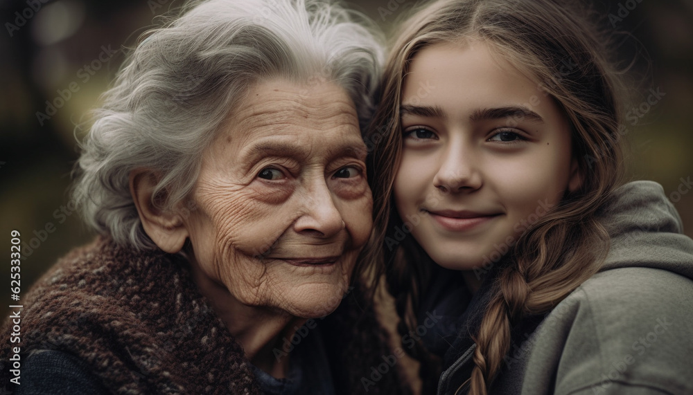 Three generations of women embrace in joyful autumn nature day generated by AI Three generations of women embrace in joyful autumn nature day generated by AI